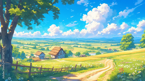 綺麗な青空と田舎の風景	
