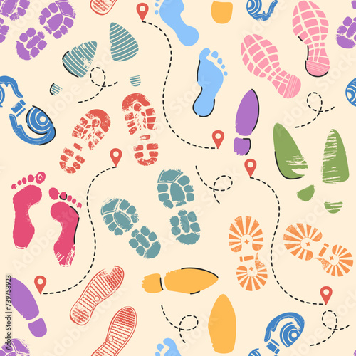 Seamless color footprints pattern. Repeated soles of shoes. Bare feet steps. Footwear prints. Track tags. Trajectory marks. Way route location pins. Boots imprint. Recent vector background