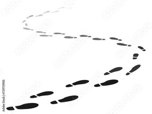 Path of shoe tracks. Walking away footsteps. Foot stamps moving beyond horizon. Soles steps going perspective. Boots footprints. Footwear imprints. Footmarks way. Recent vector concept photo