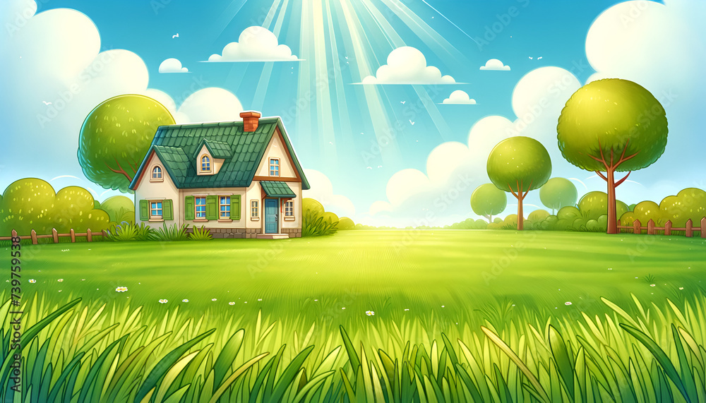 Fototapeta premium Colorful and playful illustration of a cottage in a fairytale setting, complete with a verdant grass field. Generative AI.