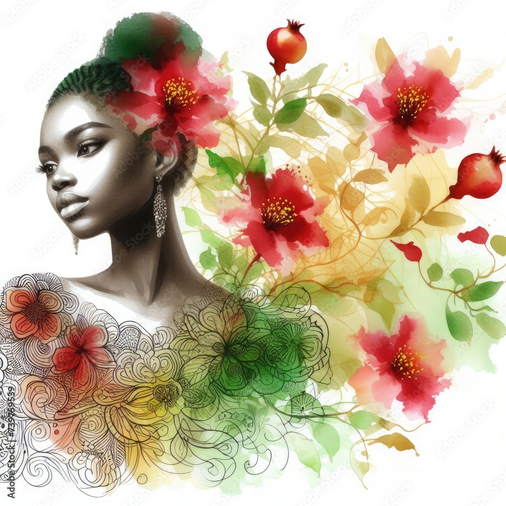 African girl portrait with floral design with Generative AI.