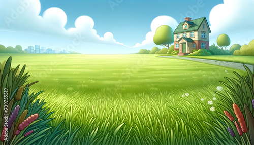 A sunny day at a delightful storyland cottage  with a sweeping view of the peaceful grassy expanse. Generative AI.