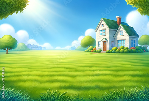 Colorful and playful illustration of a cottage in a fairytale setting, complete with a verdant grass field.
Generative AI. photo