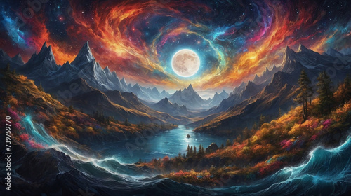 Another dimensional view of the hills with a colorful abstract sky and a bright full moon