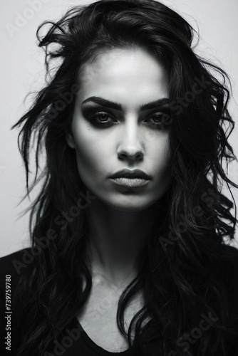Close up photo of a woman's model with a sharp gaze, messy hair, wearing a black t-shirt with a monochrome effect