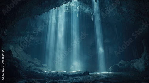 view of a dark cave, with light radiating brilliantly, light radiating from above forming pillars of light in the midst of darkness, Ai generated Images