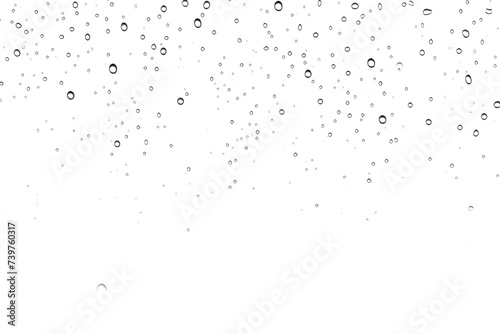 Numerous water droplets are scattered across a plain white backdrop, creating a visually striking pattern. on a White or Clear Surface PNG Transparent Background.