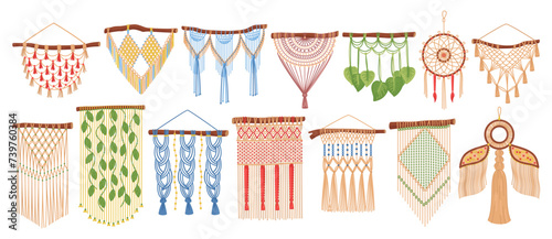 Macrame hanging on wall. Boho handmade knitted decor. Scandinavian home decorations. Cozy rustic interior. Knots and tassels made of textile strings. Dream catcher. Recent vector set