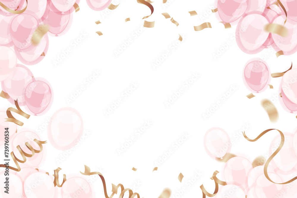 Pink and gold balloons and confetti on transparent background. Vector illustration.