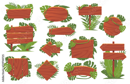 Jungle game wooden sign boards. Vintage plank pointers with exotic plants and leaves. Tropical frames. . Palm foliage and lianas. Information guidepost banners. Vector signposts set