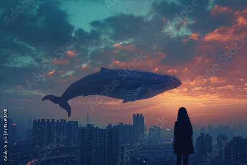 Woman observing surreal flying whale in cityscape at dusk. Surrealism and fantasy.