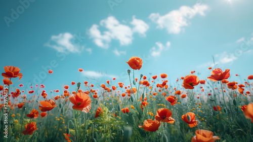 Vibrant Poppies Swaying Under a Clear Blue Sky © Pramesti