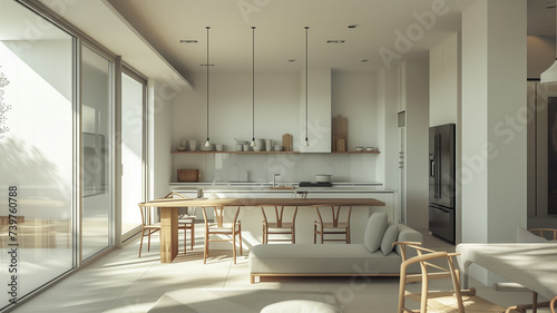 a modern Japandi style living room, combining Japanese minimalism with Scandinavian functionality.