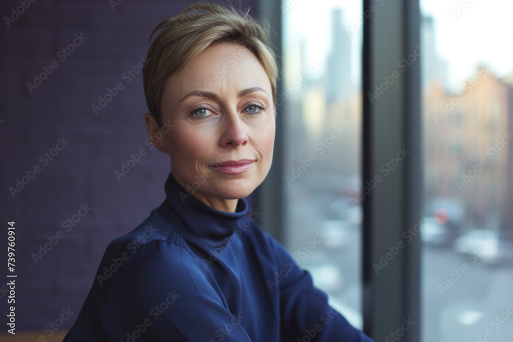 Executive woman in blue blouse with short blonde hair looking at camera against office window Executive woman in blue blouse with short blonde hair looking at camera against office window