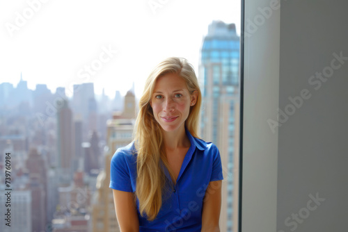 Executive woman in blue blouse with long blonde hair looking at camera against office window Free Download Executive woman in blue blouse with long blonde hair looking at camera against office window - GFXLoad