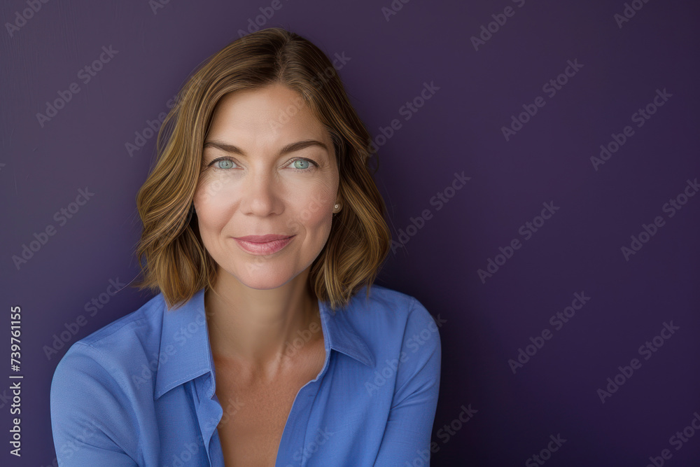 Pretty woman in blue blouse with short blonde hair looking at camera against a purple background Pretty woman in blue blouse with short blonde hair looking at camera against a purple background