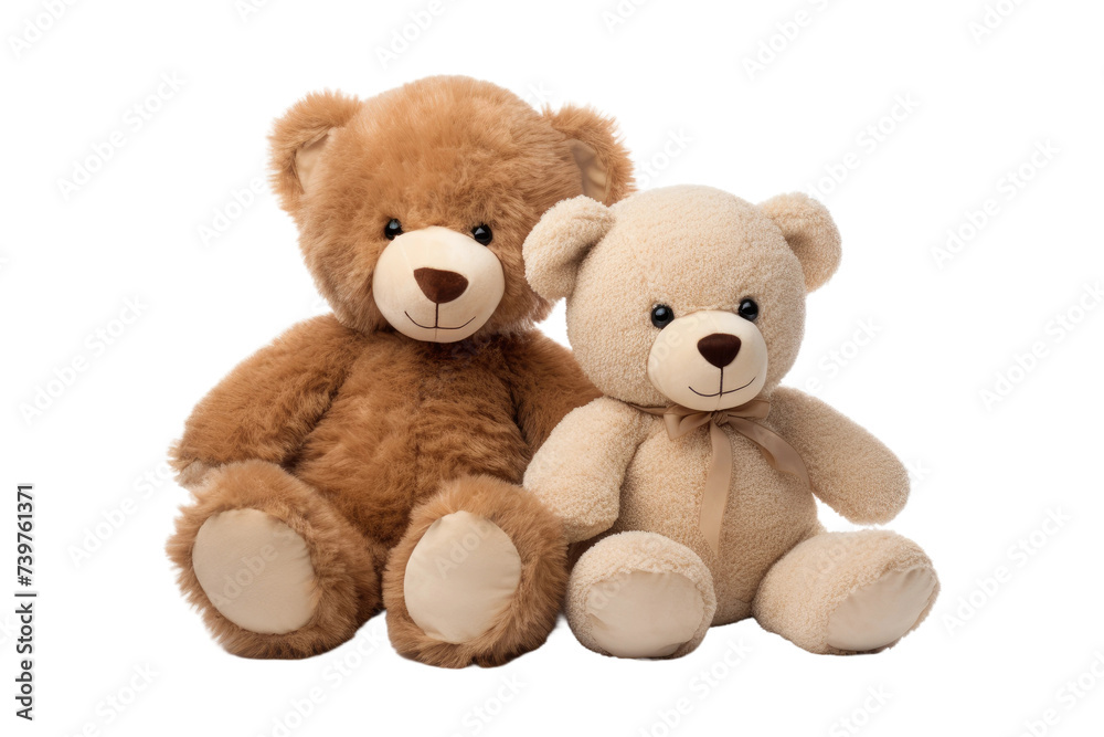 Two teddy bears, positioned side by side, sitting on a surface and facing forward. on a White or Clear Surface PNG Transparent Background.