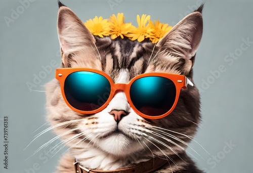 Cat with funglasses and flowers on the head, Funny pet animals © iram