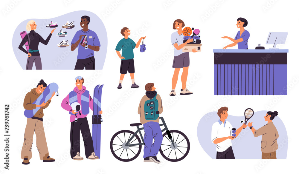 Happy buyers of sporting goods. People choose sneakers and sportswear. Seller at cashier. Sportsman buying bicycles and skateboards. Consultants help to customers. Garish vector set