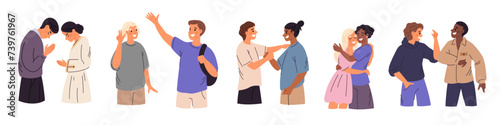 Greeting gestures. People communication. Handshaking men. Welcome gesturing. Women waving hands. Friends patting on shoulders. Partnership and business etiquette. Garish vector set
