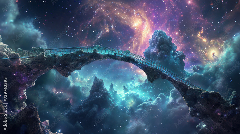 Cosmic bridge connecting vibrant celestial formations. Science fiction and exploration. - obrazy, fototapety, plakaty 