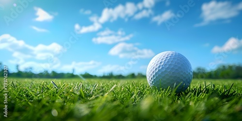 Golf ball ready for teeoff on green grass under blue sky. Concept Sports, Golf, Outdoor activity, Nature, Leisure