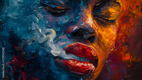 a abstact painting of a woman blowing out smoke