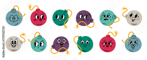 Cartoon comic bomb characters. Round explosives with wicks and retro faces. 50s and 60s old animation style. Dynamite boom. Happy or sad emotions. Grenade detonation. Garish vector set