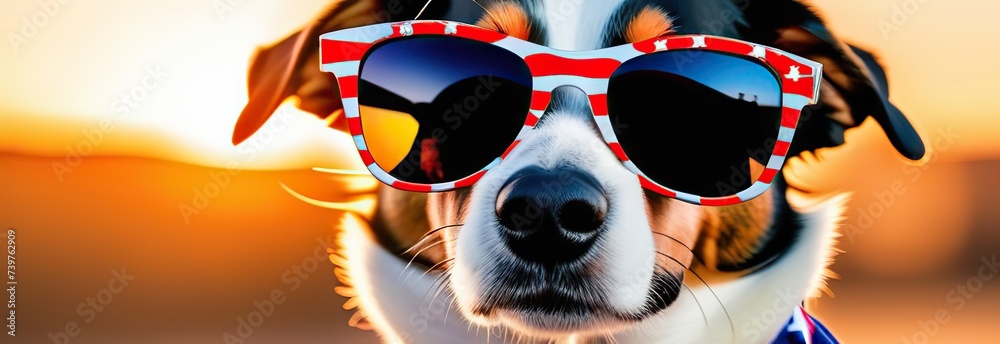 A dog from the USA wearing sunglasses. Glasses in the color of the American flag. close-up. banner. A dog from the USA wearing sunglasses. Glasses in the color of the American flag. close-up. banner.