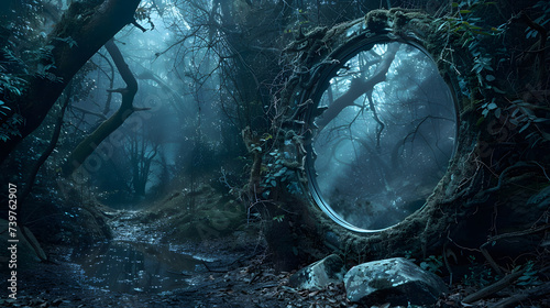 a magical mirror laying abandoned in a forest