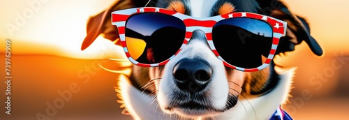A dog from the USA wearing sunglasses. Glasses in the color of the American flag. close-up. banner.