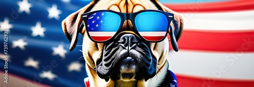 A dog from the USA wearing sunglasses. Glasses in the color of the American flag. close-up. banner.