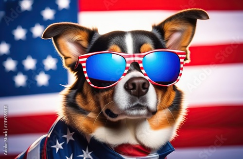 A dog from the USA wearing sunglasses. Glasses in the color of the American flag. there is an American flag on the dog. close-up. in the rays of the setting sun © Kseniya Ananko