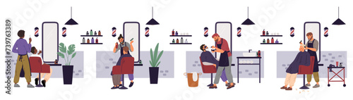 Barbers with male clients. Barbershop salon. Fashionable bearded men cut. Hairstylist shaving customer. Moustache and beard. Hairdresser making haircut. Hairstyles design. Garish vector set