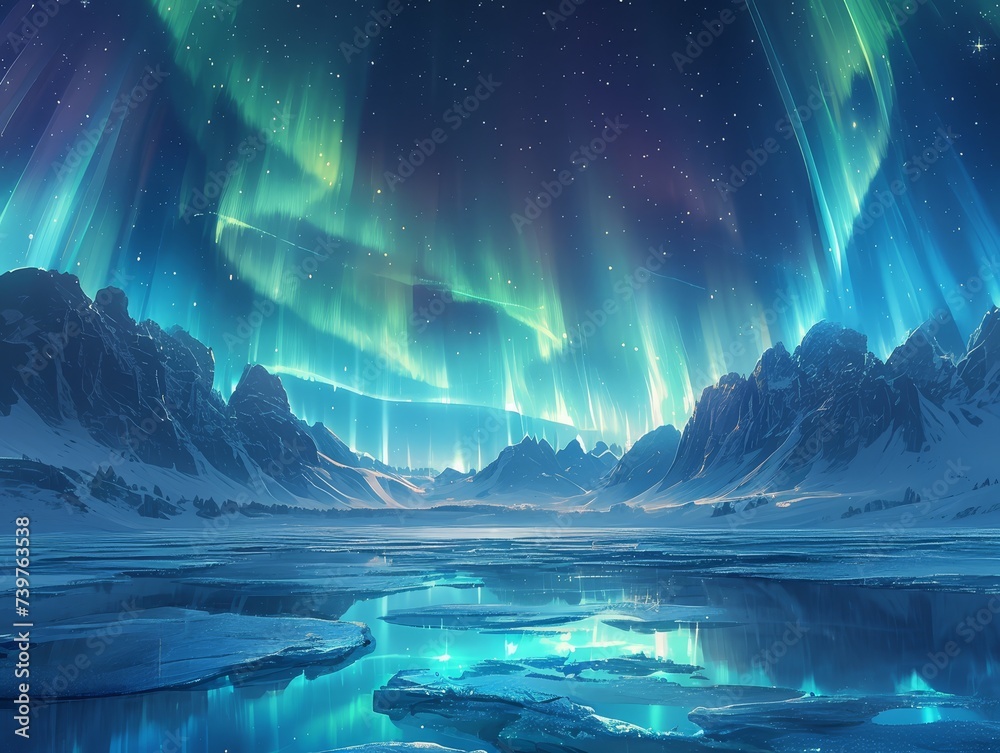 A spellbinding aurora over a mystical frozen landscape