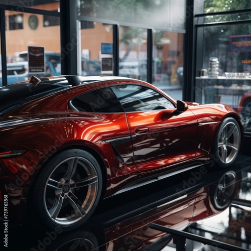 View of the supercar in the gallery. Expensive red car at a car show. AI generated. © Vitali
