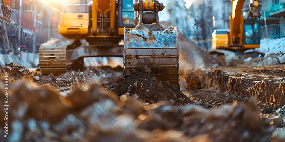 A construction vehicle digging up soil at a construction site. Concept Construction, Vehicle, Digging, Soil, Site
