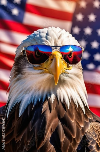 eagle from the USA wearing sunglasses. American flag colored glasses. against the background of the American flag. dog in full growth. in the rays of the setting sun 