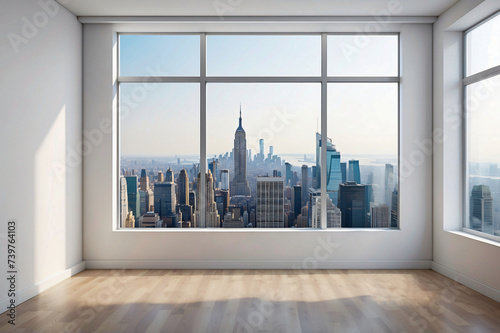 Interior skyscrapers view cityscape mockup of a blank room with a white wall during the day. Skyline view from a high-rise window. A gorgeous real estate with a view.