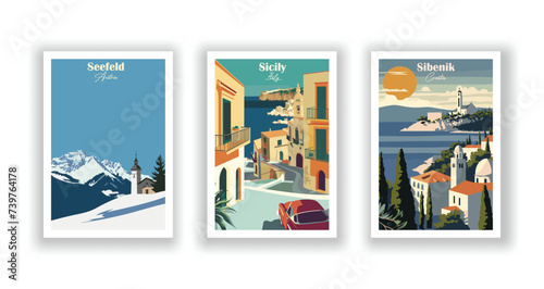 Seefeld, Austria. Sibenik, Croatia. Sicily, Italy -  Vintage travel poster. High quality prints