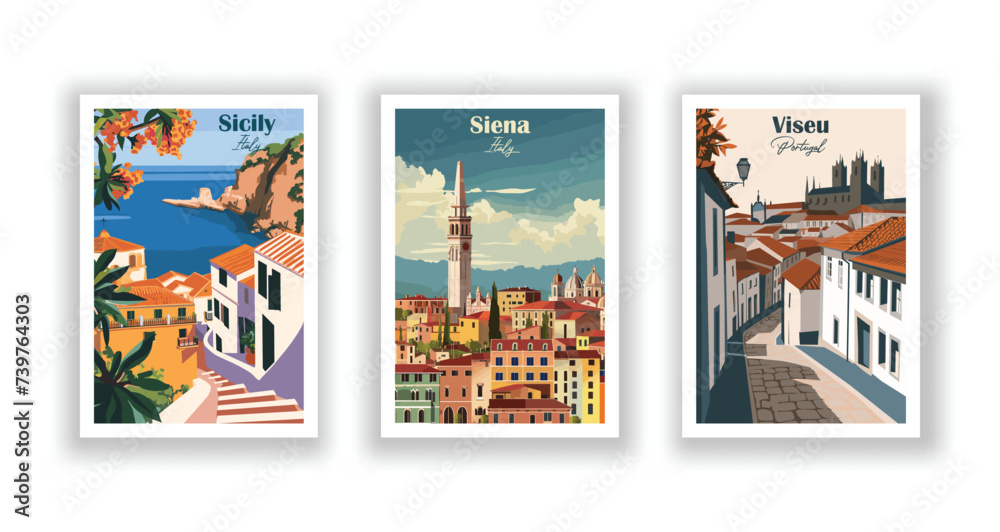Fototapeta premium Sicily, Italy. Siena, Italy. Viseu, Portugal - Vintage travel poster. High quality prints