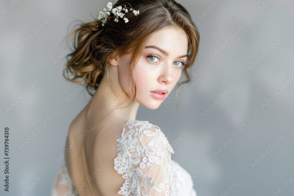 Elegant bride in lace wedding dress with floral hairpiece. Bridal beauty and fashion. Elegant bride in lace wedding dress with floral hairpiece. Bridal beauty and fashion.