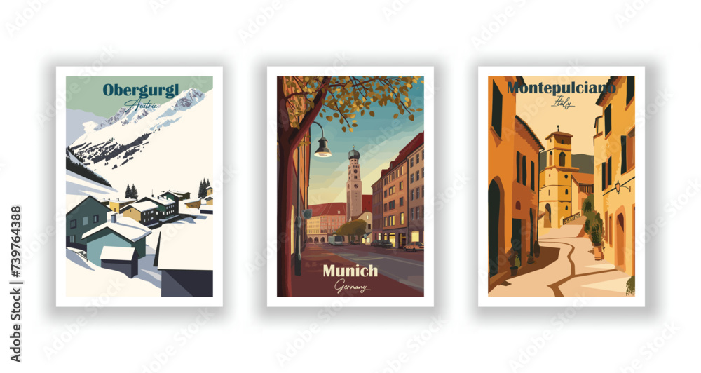 Montepulciano, Italy. Munich, Germany. Obergurgl, Austria - Vintage travel poster. High quality prints