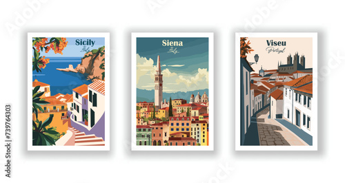 Sicily, Italy. Siena, Italy. Viseu, Portugal - Vintage travel poster. High quality prints