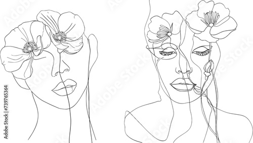 Woman face with flowers one line drawing