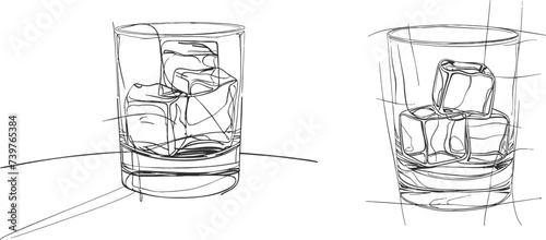 Continuous one line drawing of whiskey in glass with ice cubes
