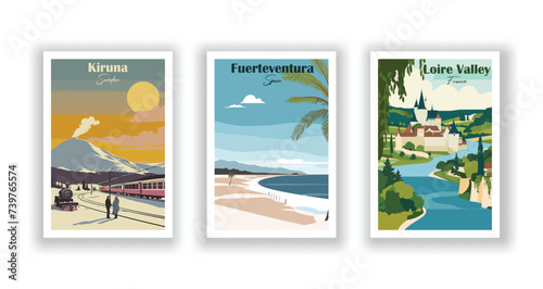 Fuerteventura, Spain. Kiruna, Sweden. Loire Valley, France - Vintage travel poster. High quality prints photo