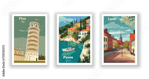 Lund, Sweden. Paxos, Greece. Pisa, Italy - Vintage travel poster. High quality prints