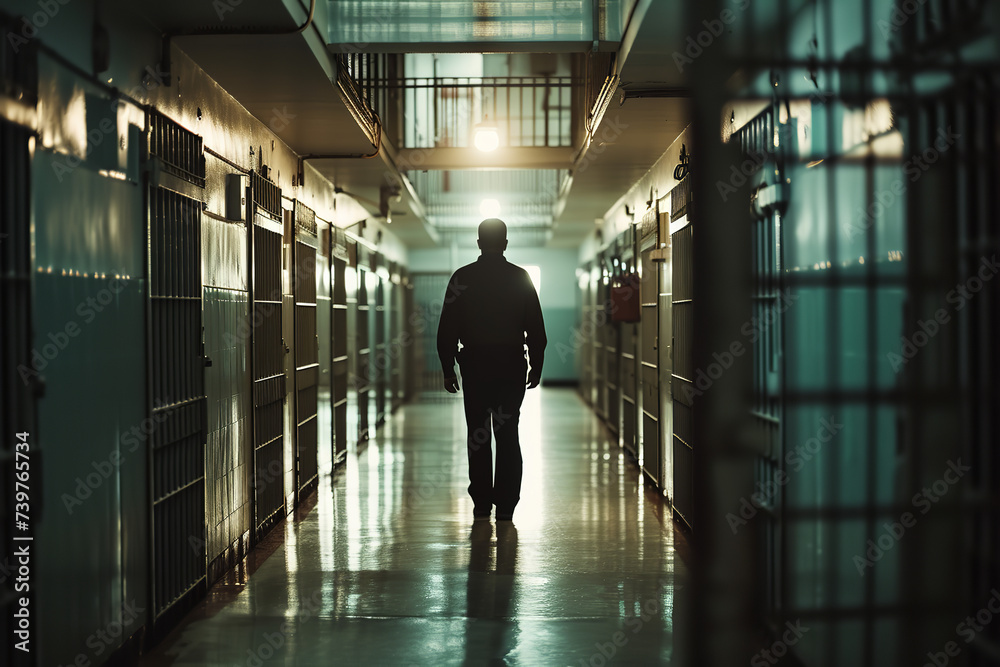 prison guard walking down the aisles of the prison prison guard walking down the aisles of the prison