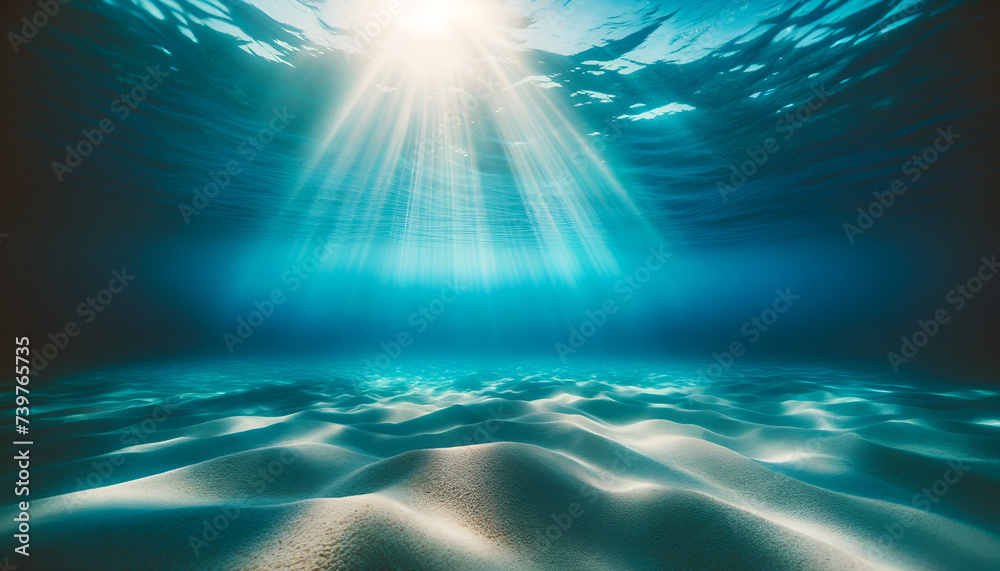 Nature's underwater artistry: sunbeams highlight the gentle contours of the ocean's sandy bed.
Generative AI.